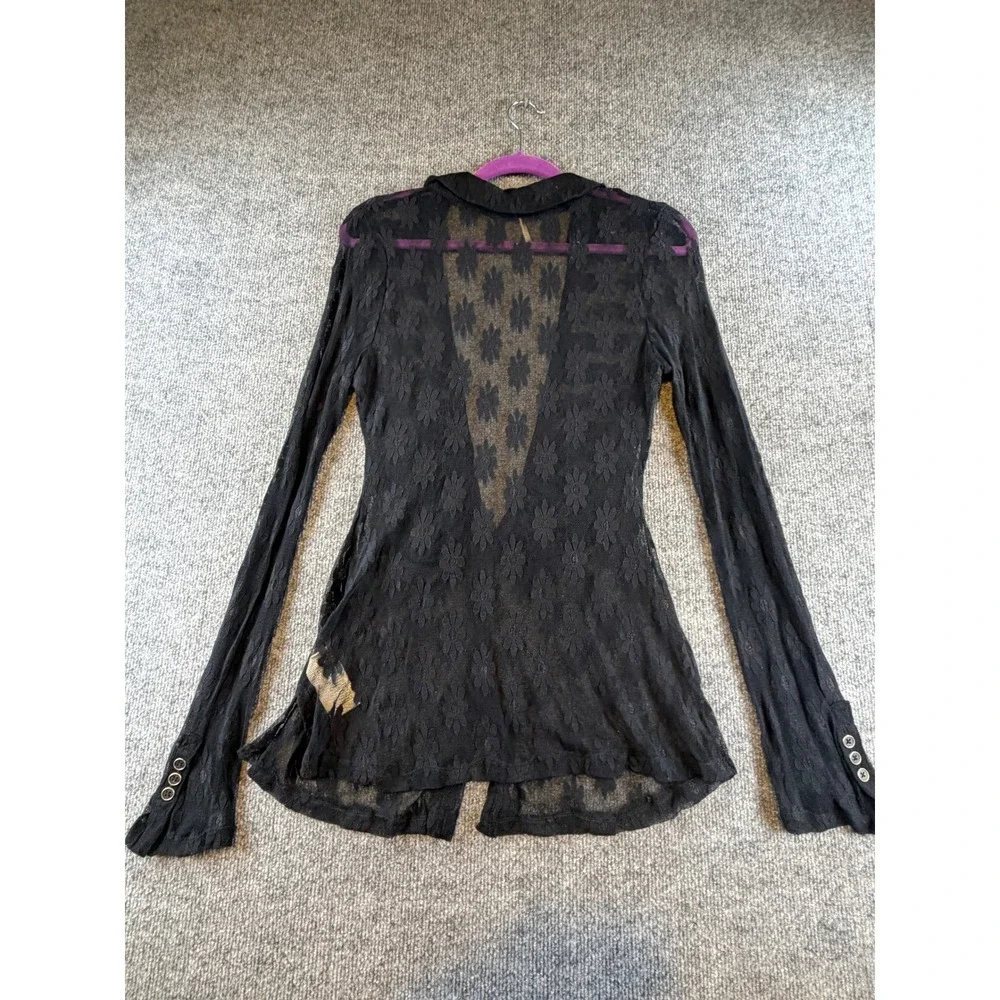 Free People Black Floral Lace Ruched V-Neck Long Sleeve Blouse Medium